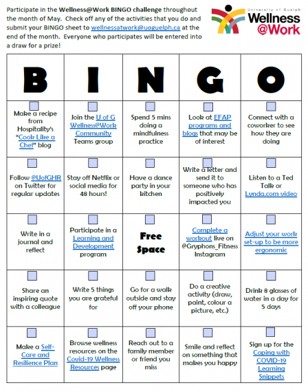 Wellness Work BINGO Card MAY As Well Wellness Work